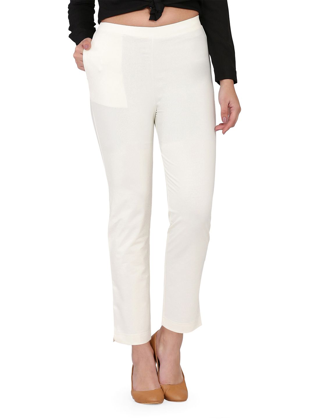 SPIFFY Women Off White Relaxed Straight Leg Straight Fit Trousers Price in India