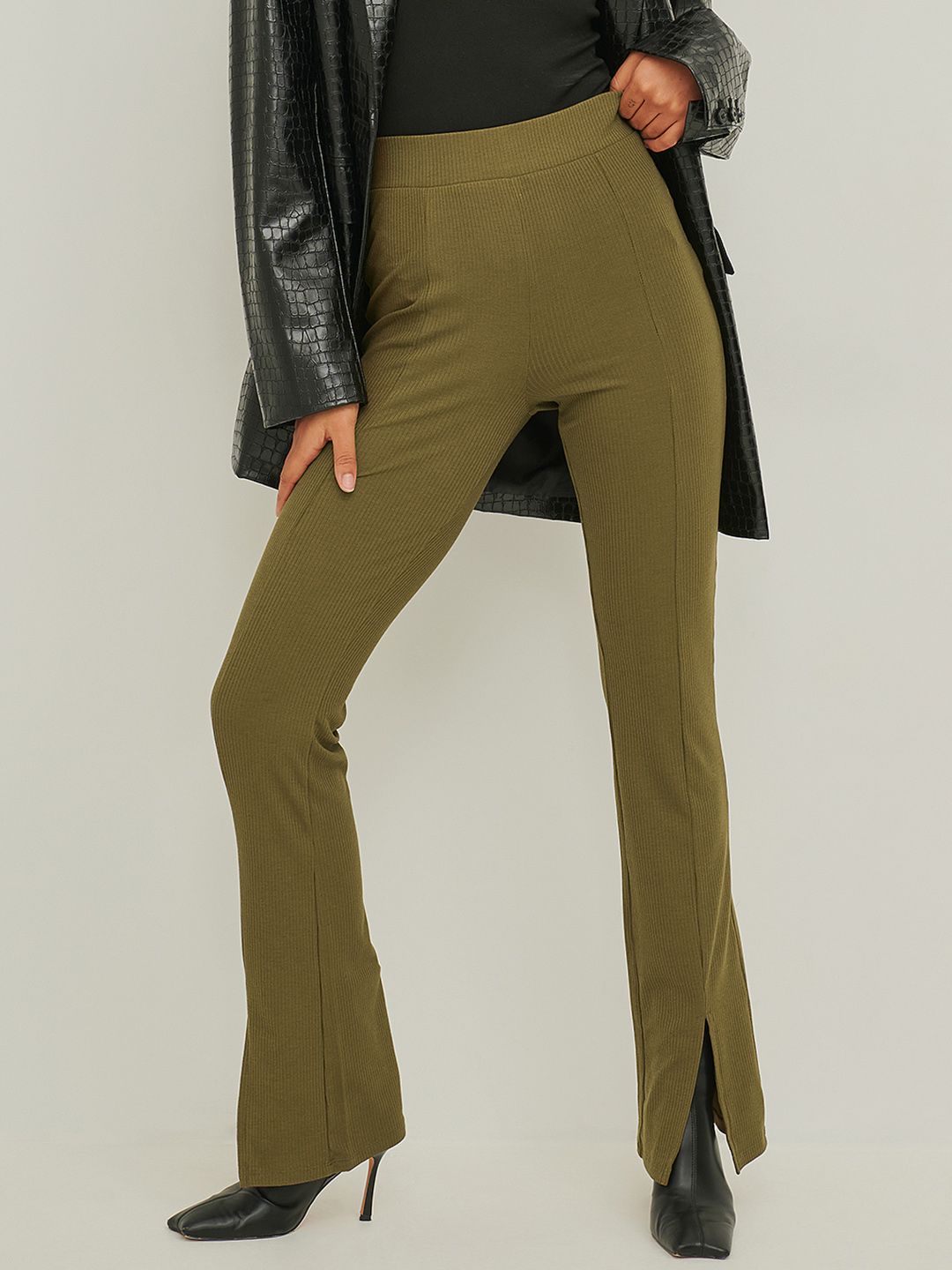 NA-KD Women Olive Green Solid High-Rise Trousers Price in India