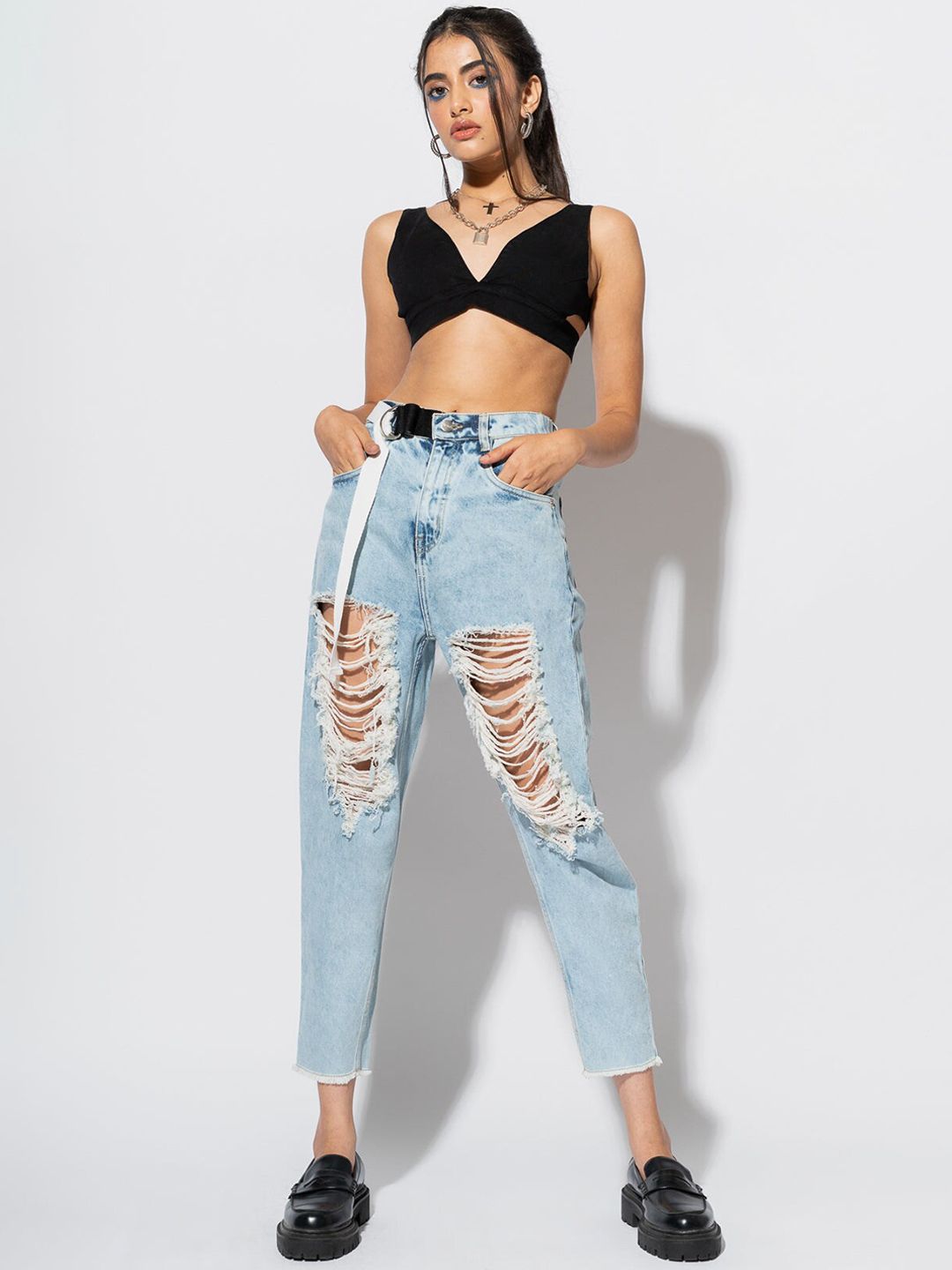 FREAKINS Women Blue High-Rise Tapered Fit Cropped Jeans Price in India