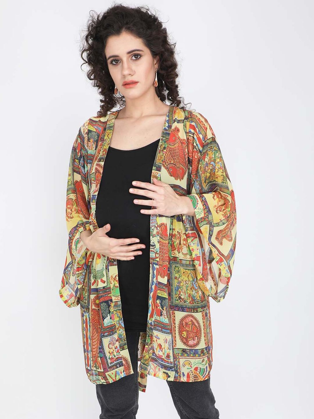 angloindu Women Yellow & Red Printed Maternity Longline Tie-Up Shrug Price in India