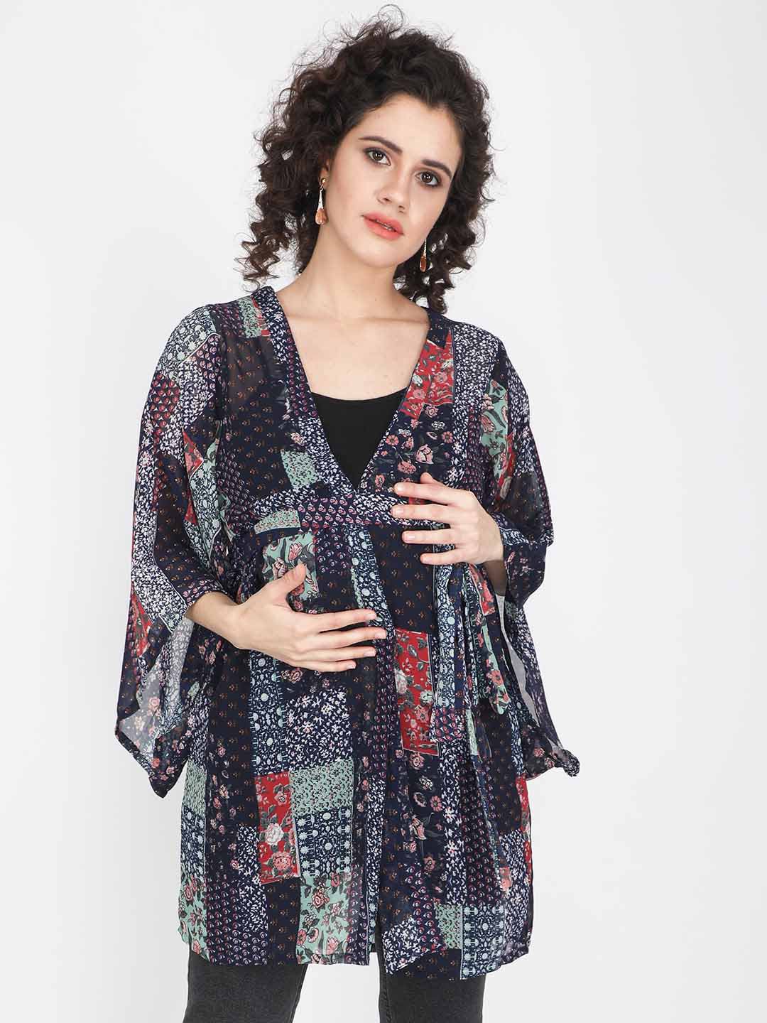 angloindu Women Black & Grey Printed Maternity Longline Bohemian Tie-Up Shrug Price in India