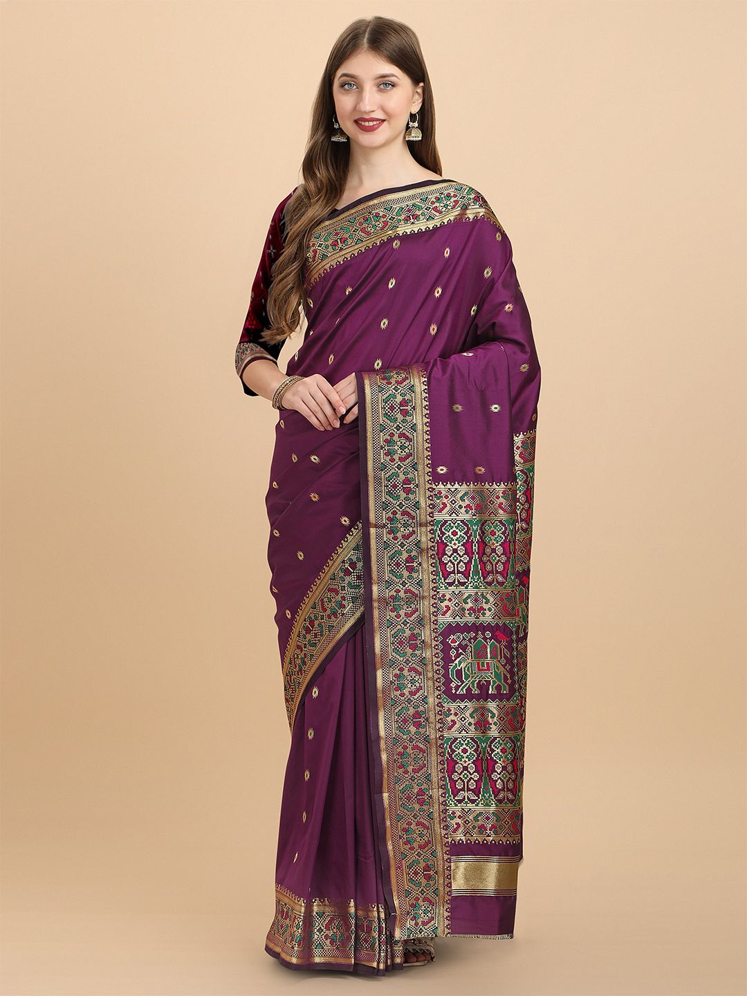VAIVIDHYAM Magenta & Green Woven Design Zari Pure Cotton Kanjeevaram Saree