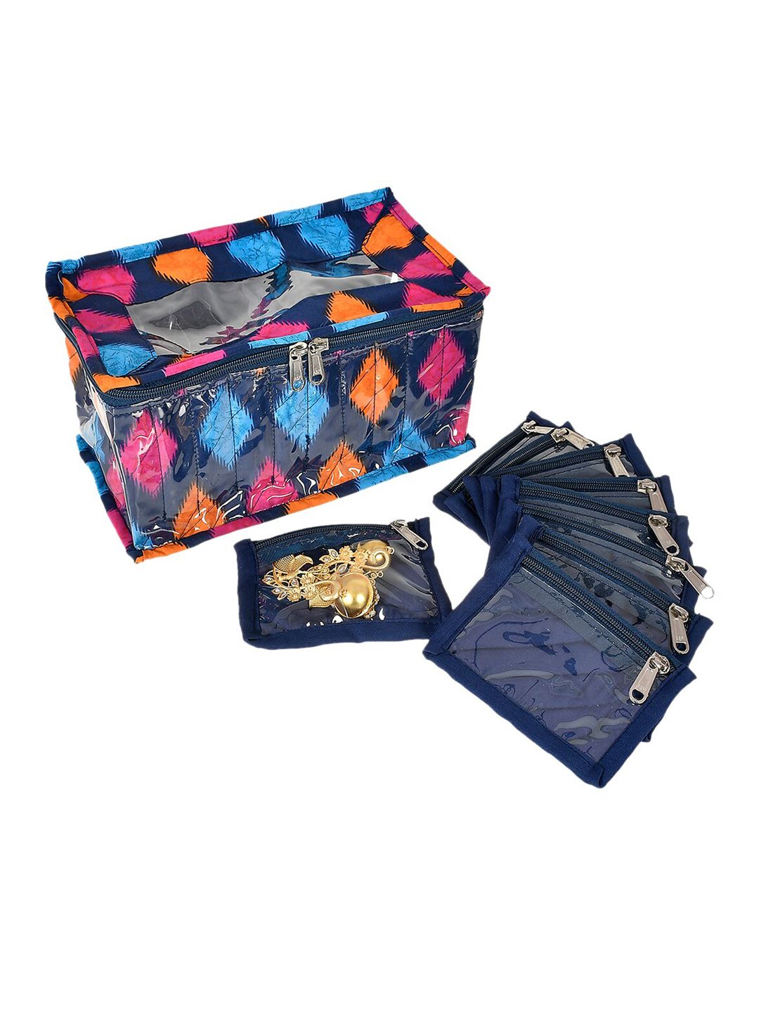 Kuber Industries Blue Navajo Printed PVC Jewellery Organiser With 10 Transparent Pouches Price in India