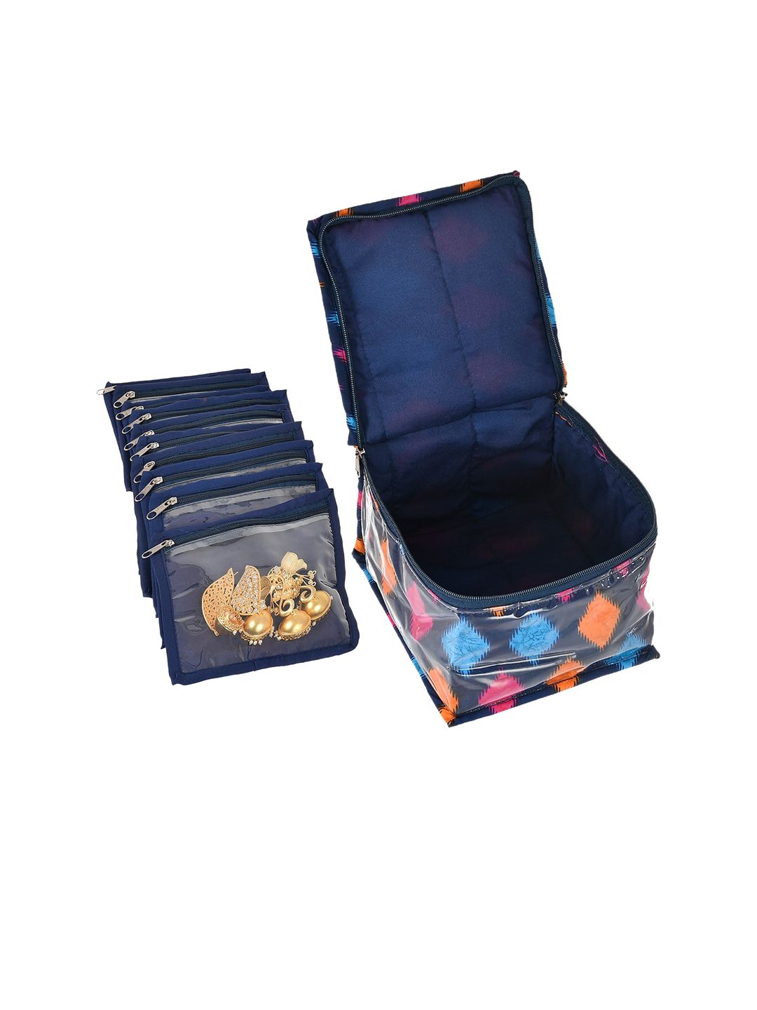 Kuber Industries Blue Printed Jewellery Organizer With 10 Pouches Price in India