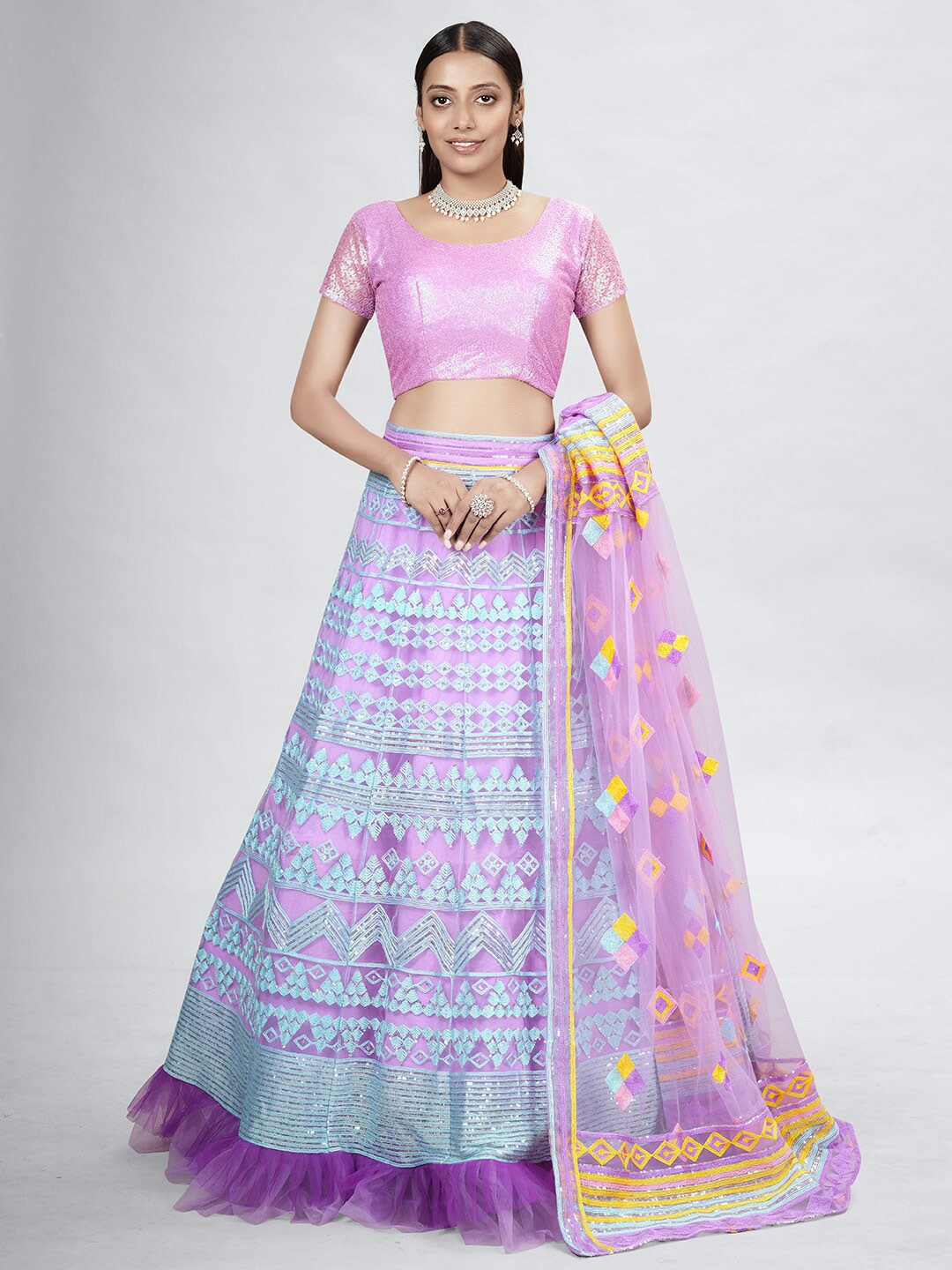DRESSTIVE Lavender & Green Embroidered Sequinned Semi-Stitched Lehenga & Unstitched Blouse With Dupatta Price in India