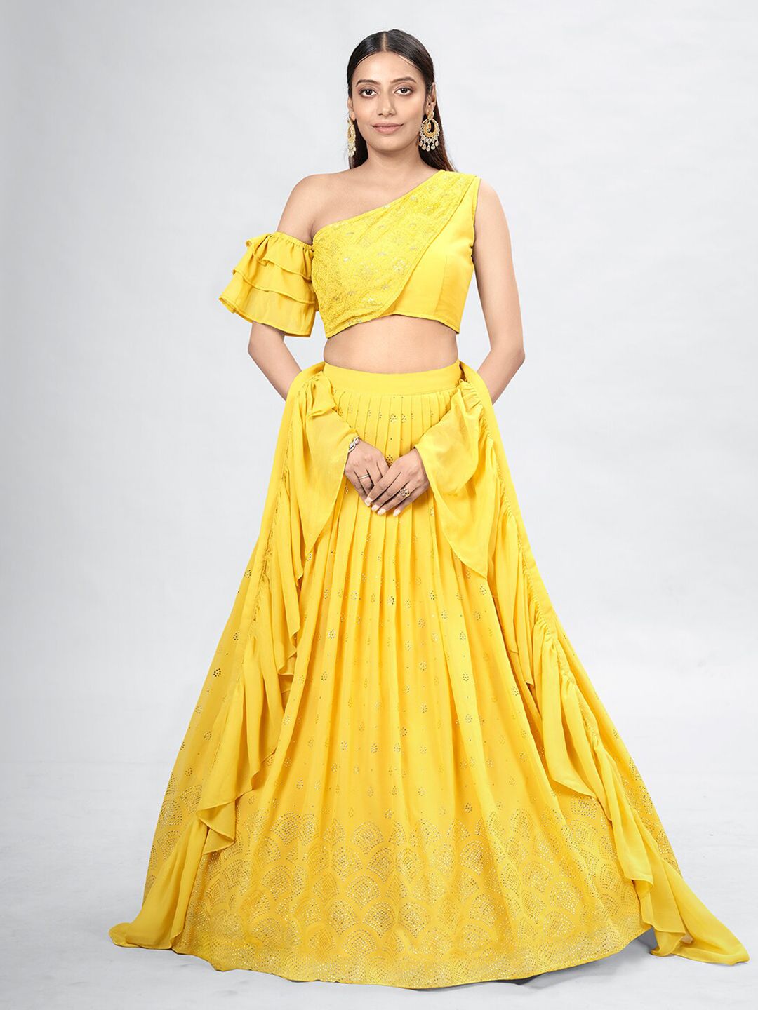 DRESSTIVE Yellow Embroidered Mukaish Semi-Stitched Lehenga & Unstitched Blouse With Dupatta Price in India