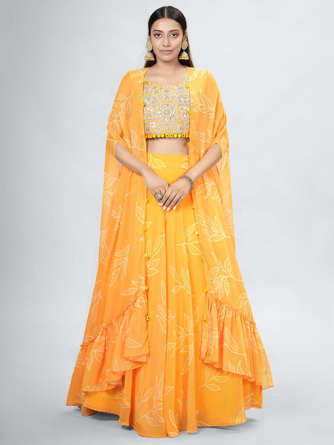 DRESSTIVE Yellow & Cream-Coloured Embroidered Mirror Work Semi-Stitched Lehenga & Unstitched Price in India