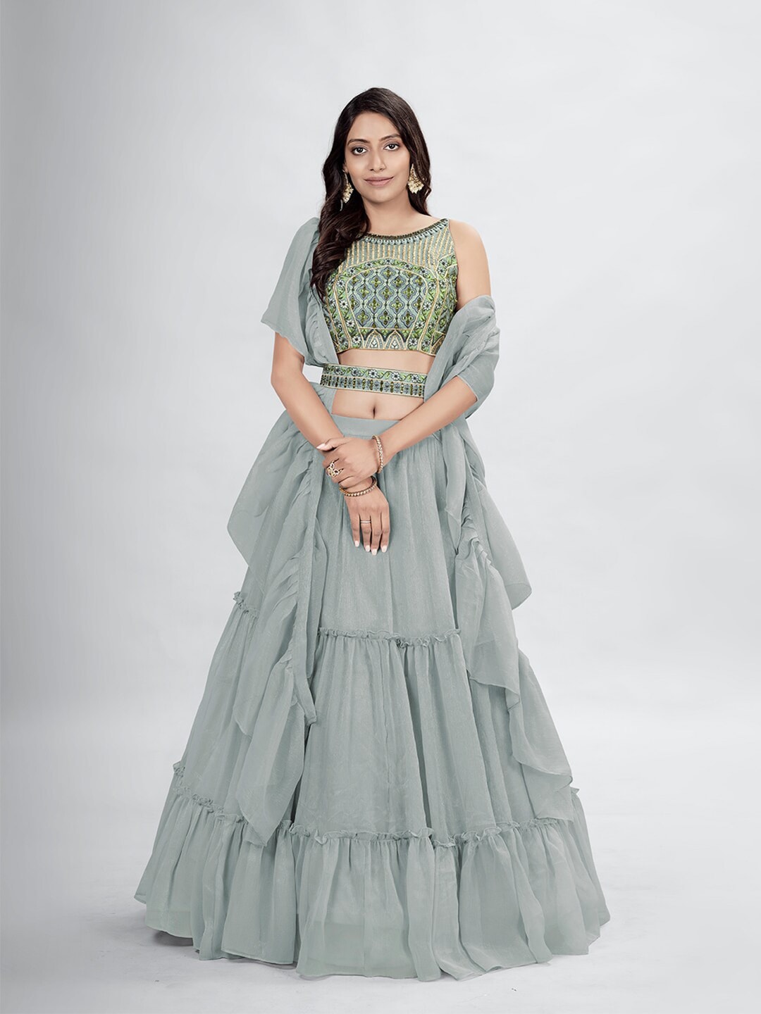 DRESSTIVE Grey & Green Embroidered Mirror Work Semi-Stitched Lehenga & Unstitched Blouse With Dupatta Price in India