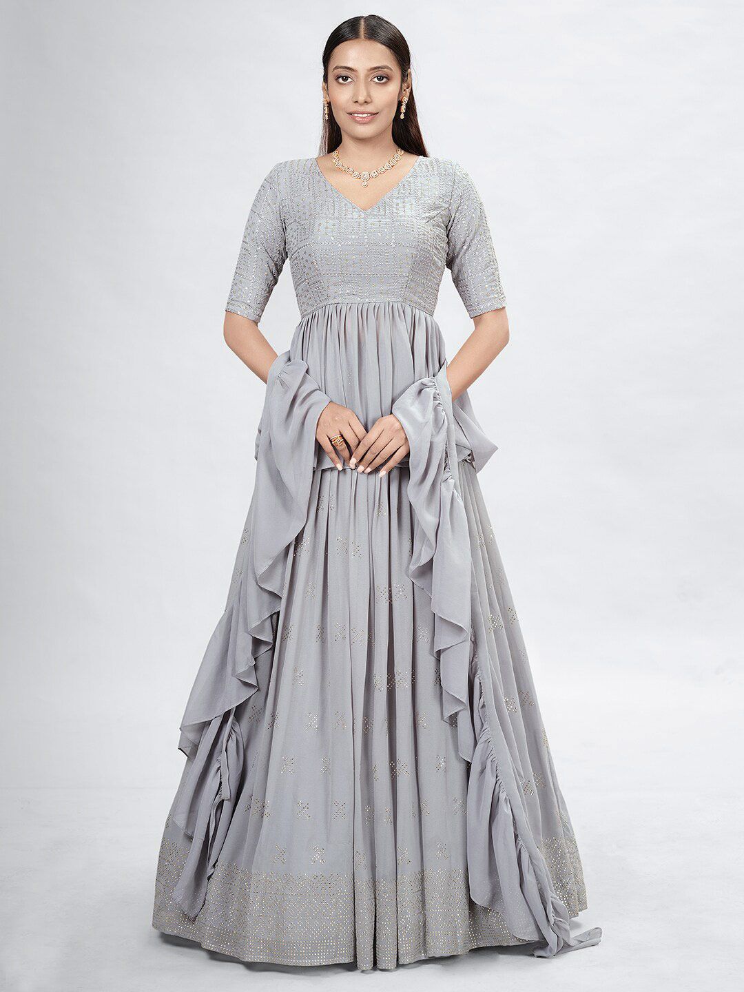 DRESSTIVE Grey Embroidered Mukaish Semi-Stitched Lehenga & Unstitched Blouse With Dupatta