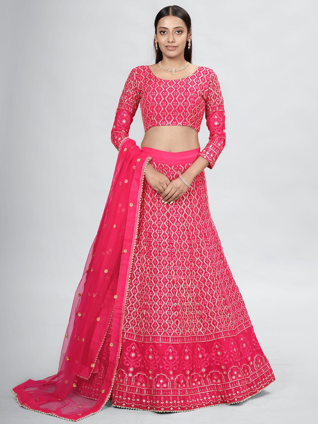DRESSTIVE Pink & Gold-Toned Embroidered Sequinned Semi-Stitched Lehenga & Unstitched Blouse With Dupatta Price in India