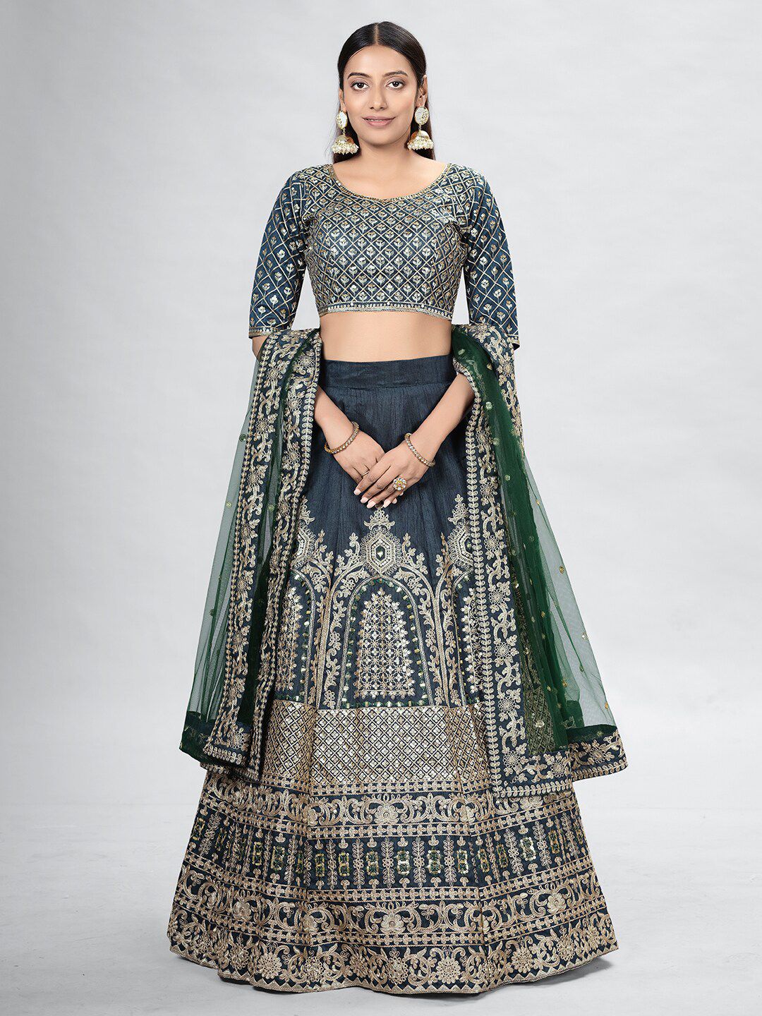 DRESSTIVE Green & Grey Embroidered Sequinned Semi-Stitched Lehenga & Unstitched Blouse With Dupatta Price in India