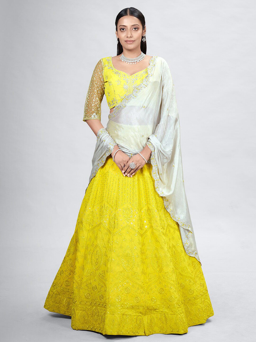 DRESSTIVE Yellow & White Embroidered Sequinned Semi-Stitched Lehenga & Unstitched Blouse With Dupatta Price in India