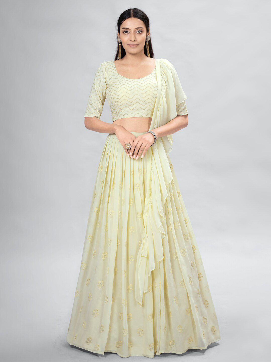 DRESSTIVE Yellow & Gold-Toned Embroidered Thread Work Semi-Stitched Lehenga & Unstitched Blouse With Dupatta Price in India