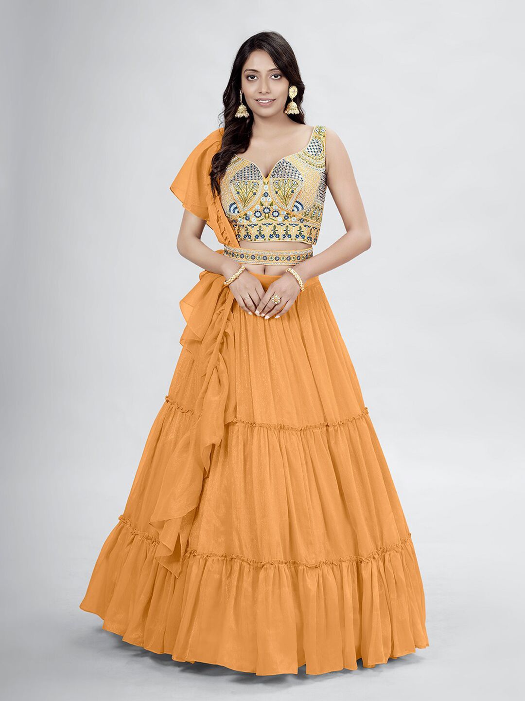 DRESSTIVE Orange & Blue Embroidered Mirror Work Semi-Stitched Lehenga & Unstitched Blouse With Dupatta
