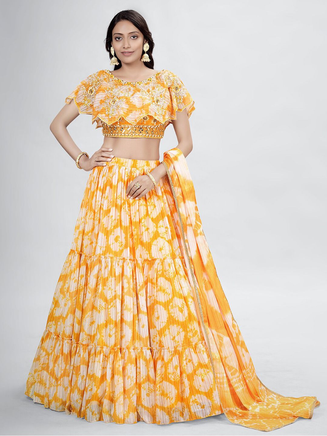DRESSTIVE Yellow & White Embroidered Mirror Work Tie and Dye Semi-Stitched Lehenga & Unstitched Blouse With Price in India
