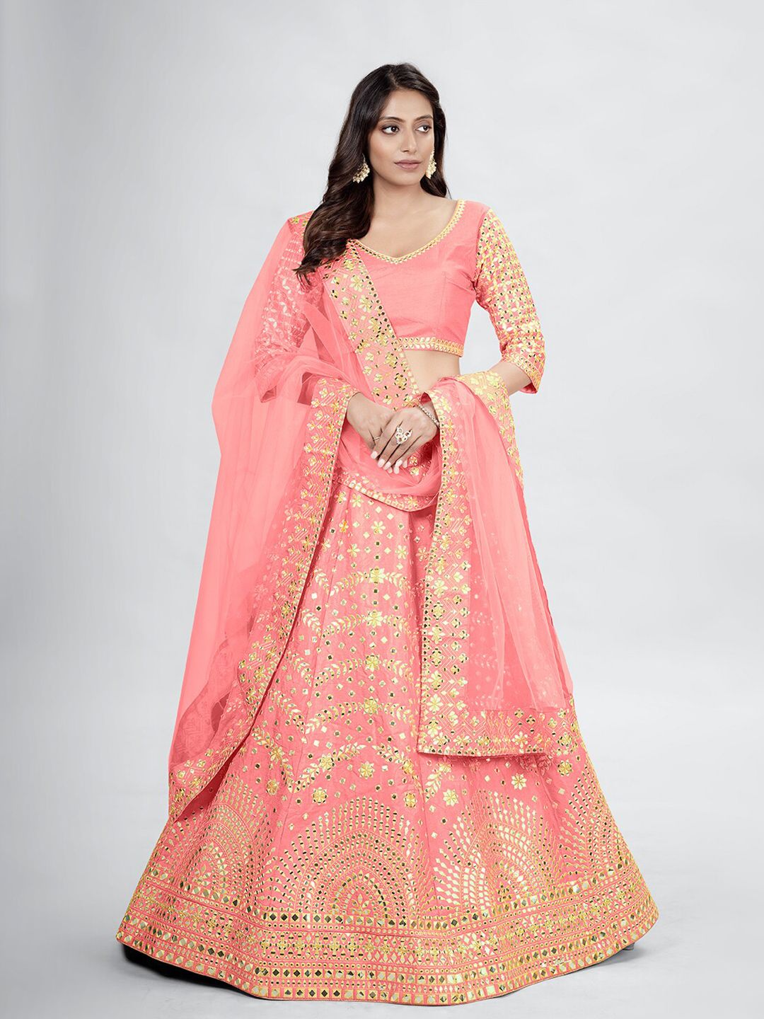 DRESSTIVE Pink & Gold-Toned Embroidered Mirror Work Semi-Stitched Lehenga & Unstitched Blouse With Dupatta Price in India