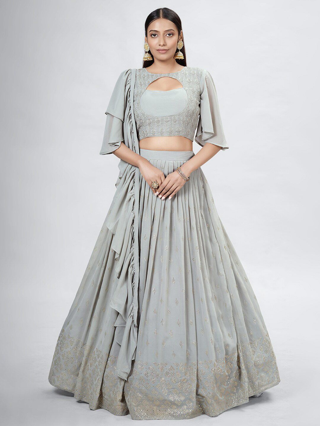 DRESSTIVE Grey Embroidered Mukaish Semi-Stitched Lehenga & Unstitched Blouse With Dupatta Price in India