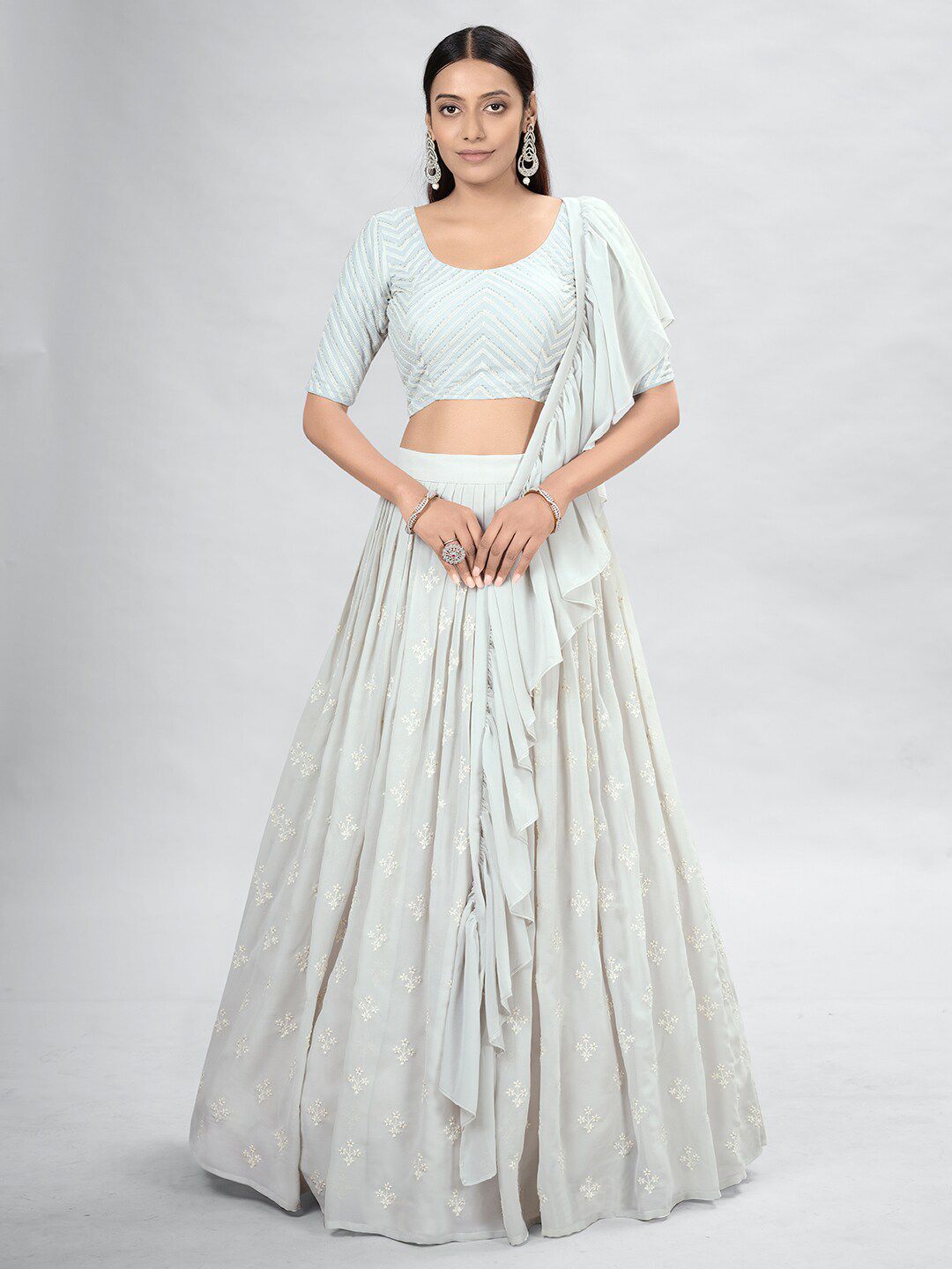 DRESSTIVE Grey Embroidered Thread Work Semi-Stitched Lehenga & Unstitched Blouse With Dupatta Price in India