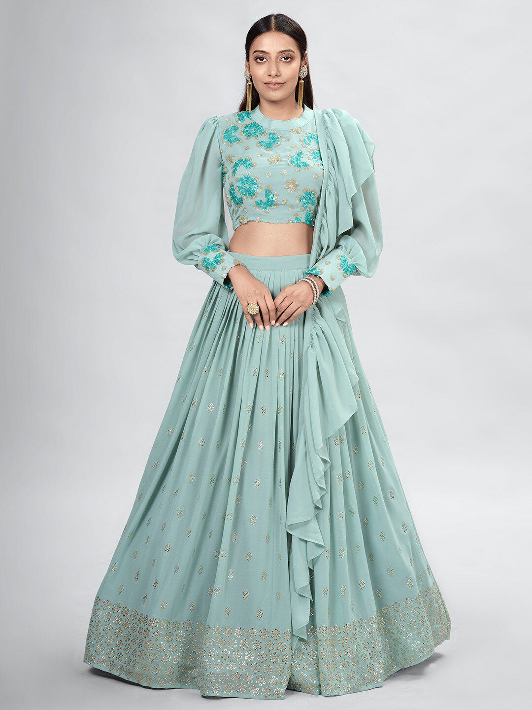 DRESSTIVE Sea Green Embroidered Mukaish Semi-Stitched Lehenga & Unstitched Blouse With Dupatta Price in India