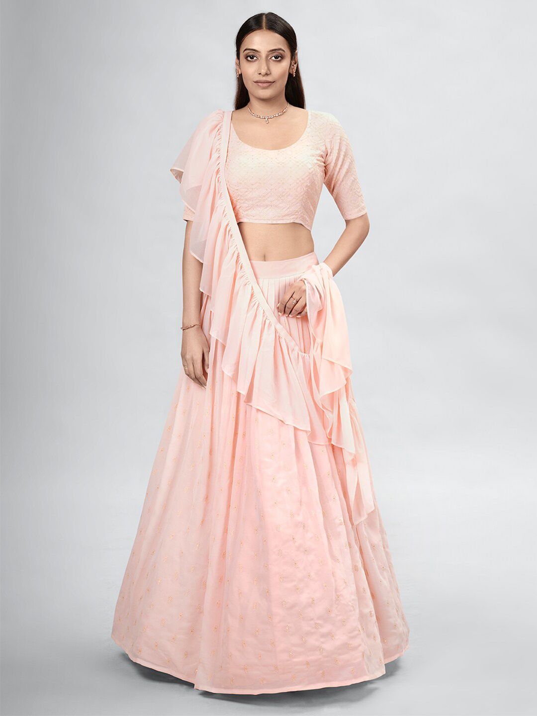 DRESSTIVE Peach-Coloured Embroidered Thread Work Semi-Stitched Lehenga & Unstitched Blouse With Dupatta Price in India