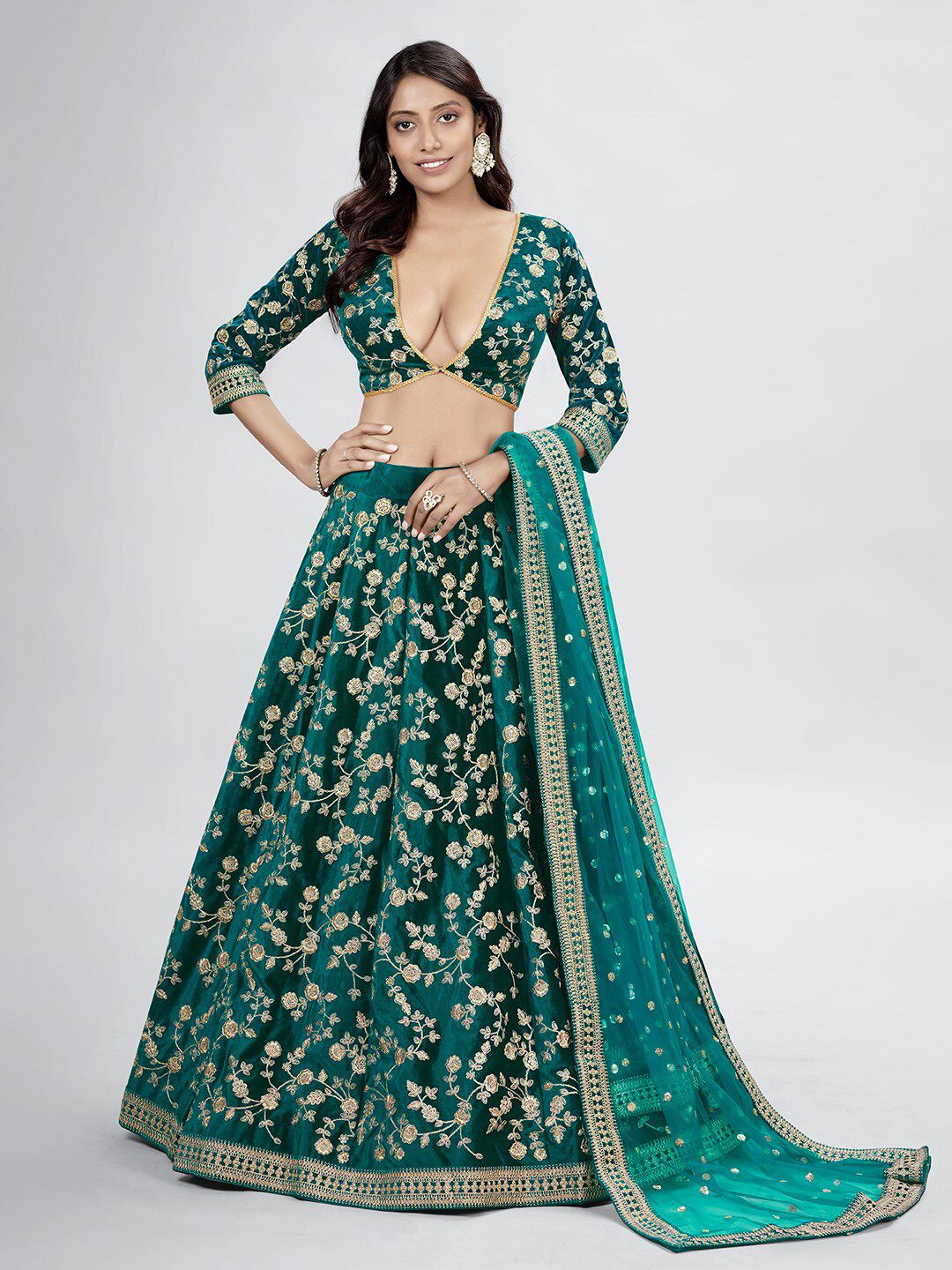 DRESSTIVE Green & Gold-Toned Embroidered Thread Work Semi-Stitched Lehenga & Unstitched Blouse With Dupatta Price in India