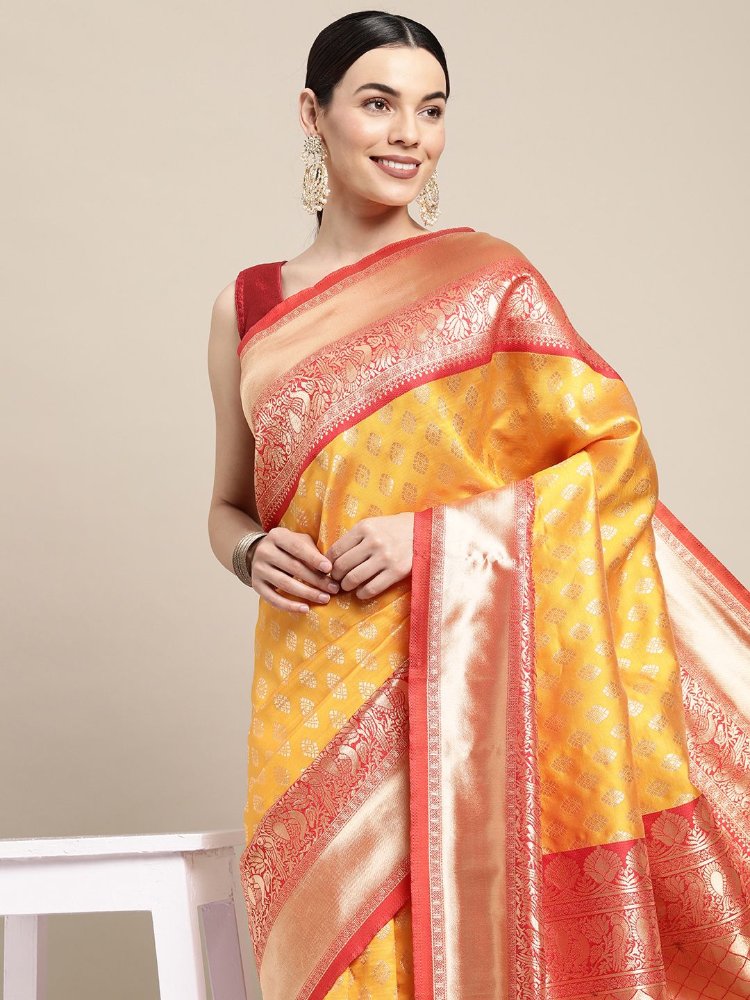 SANGAM PRINTS Mustard & Golden Ethnic Motifs Silk Blend Saree
