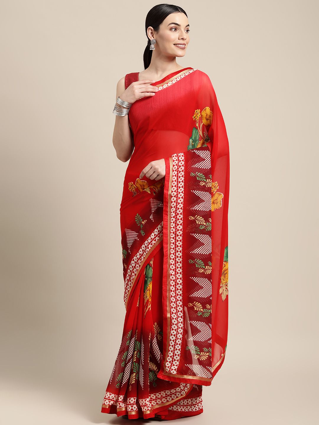 SANGAM PRINTS Red Floral Poly Georgette Saree