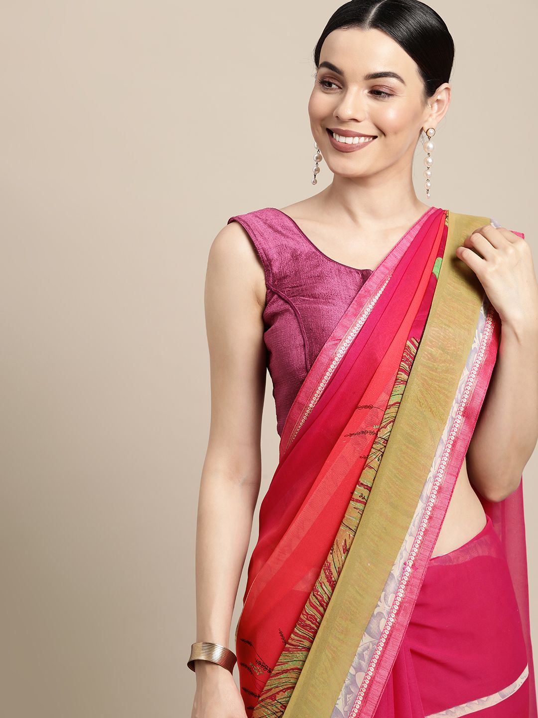 SANGAM PRINTS Pink Floral Poly Georgette Saree