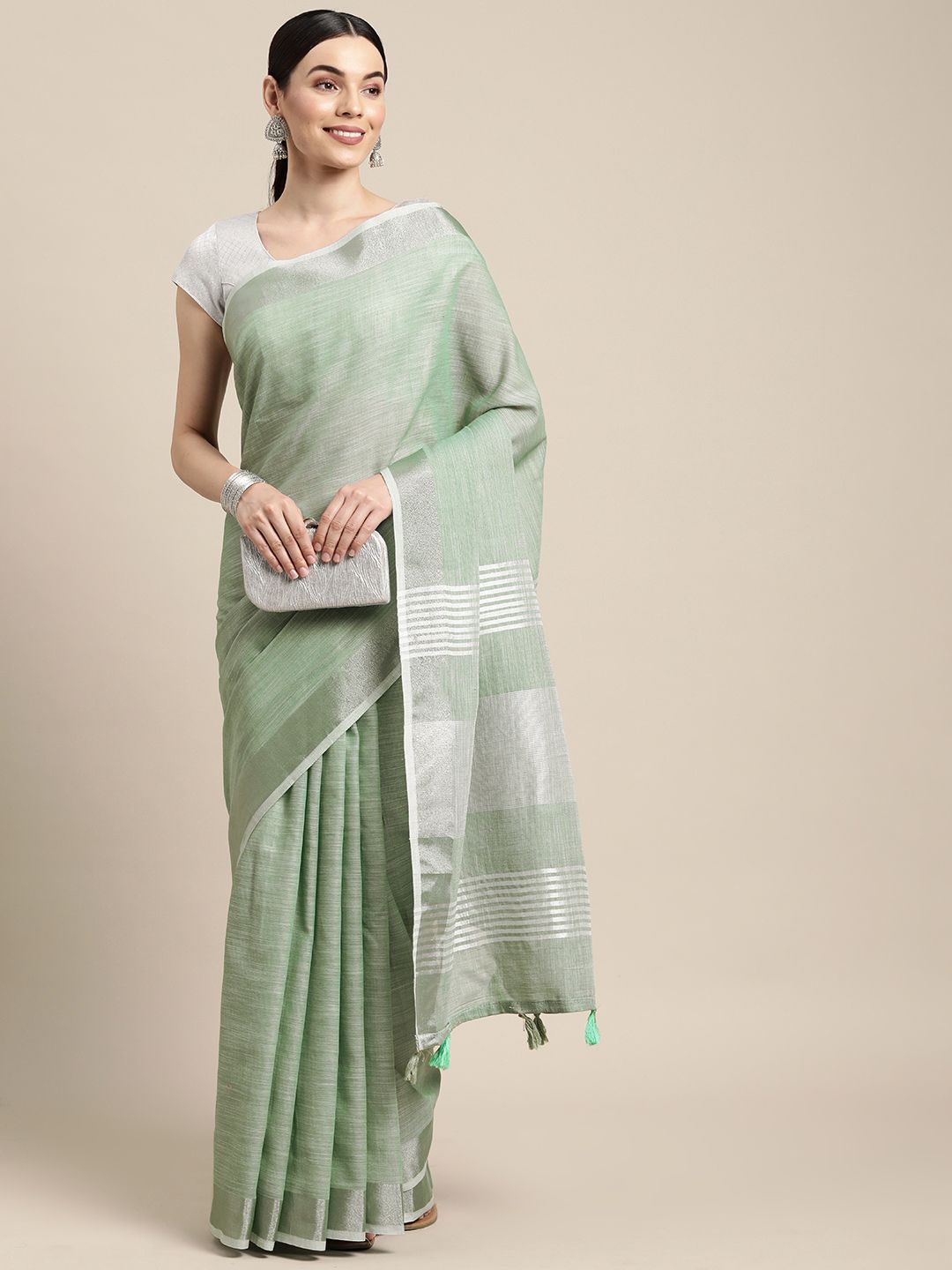 SANGAM PRINTS Sea Green Linen Blend Saree Price in India