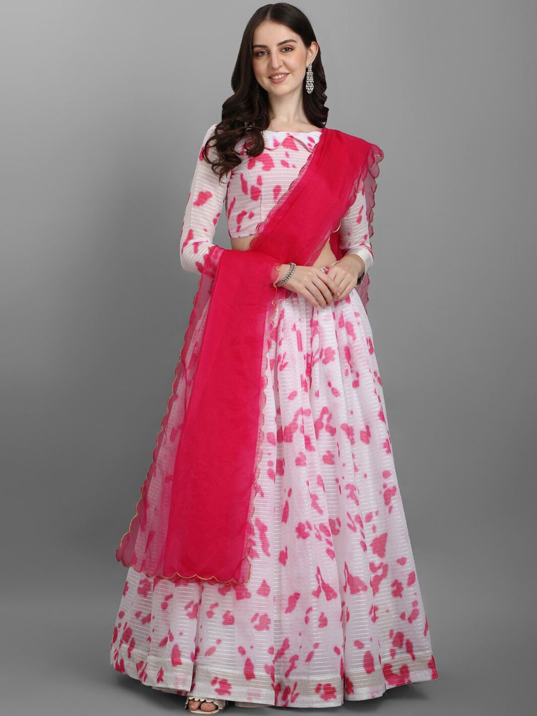 PMD Fashion White & Red Printed Sequinned Shibori Ready to Wear Lehenga & Unstitched Blouse With Dupatta Price in India