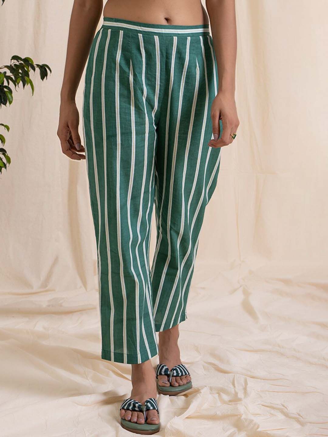 AKISO Women Green Striped Straight Pure Cotton Lounge Pants Price in India