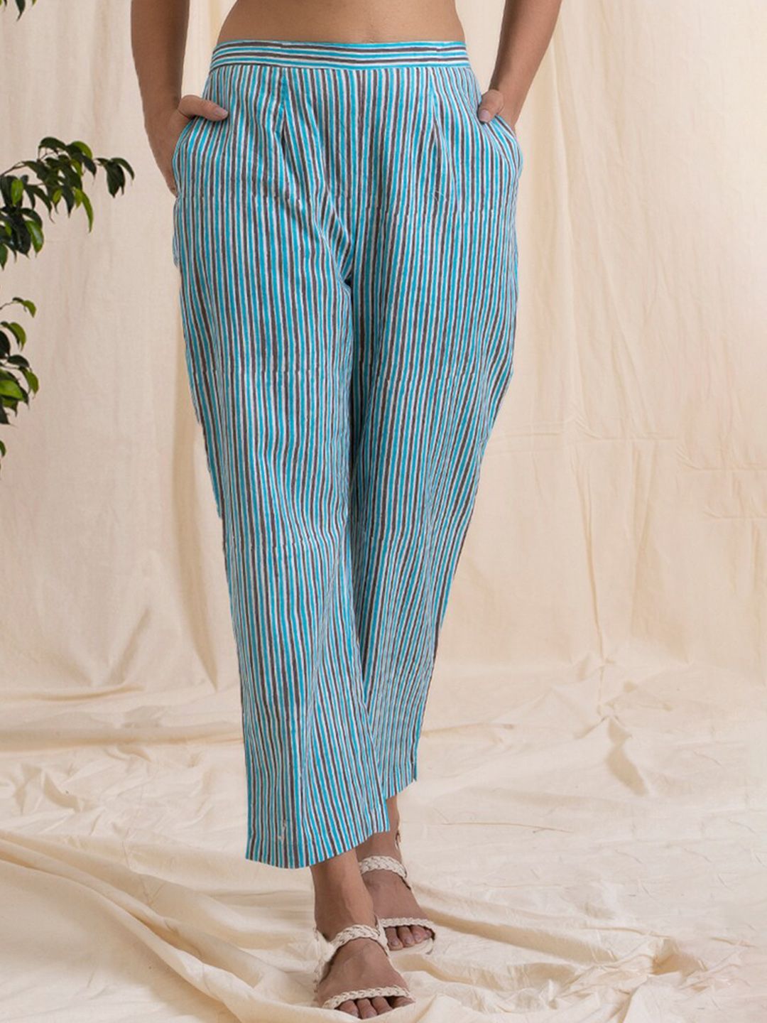 AKISO Women Blue Striped Straight Fit Cotton Regular Trousers Price in India