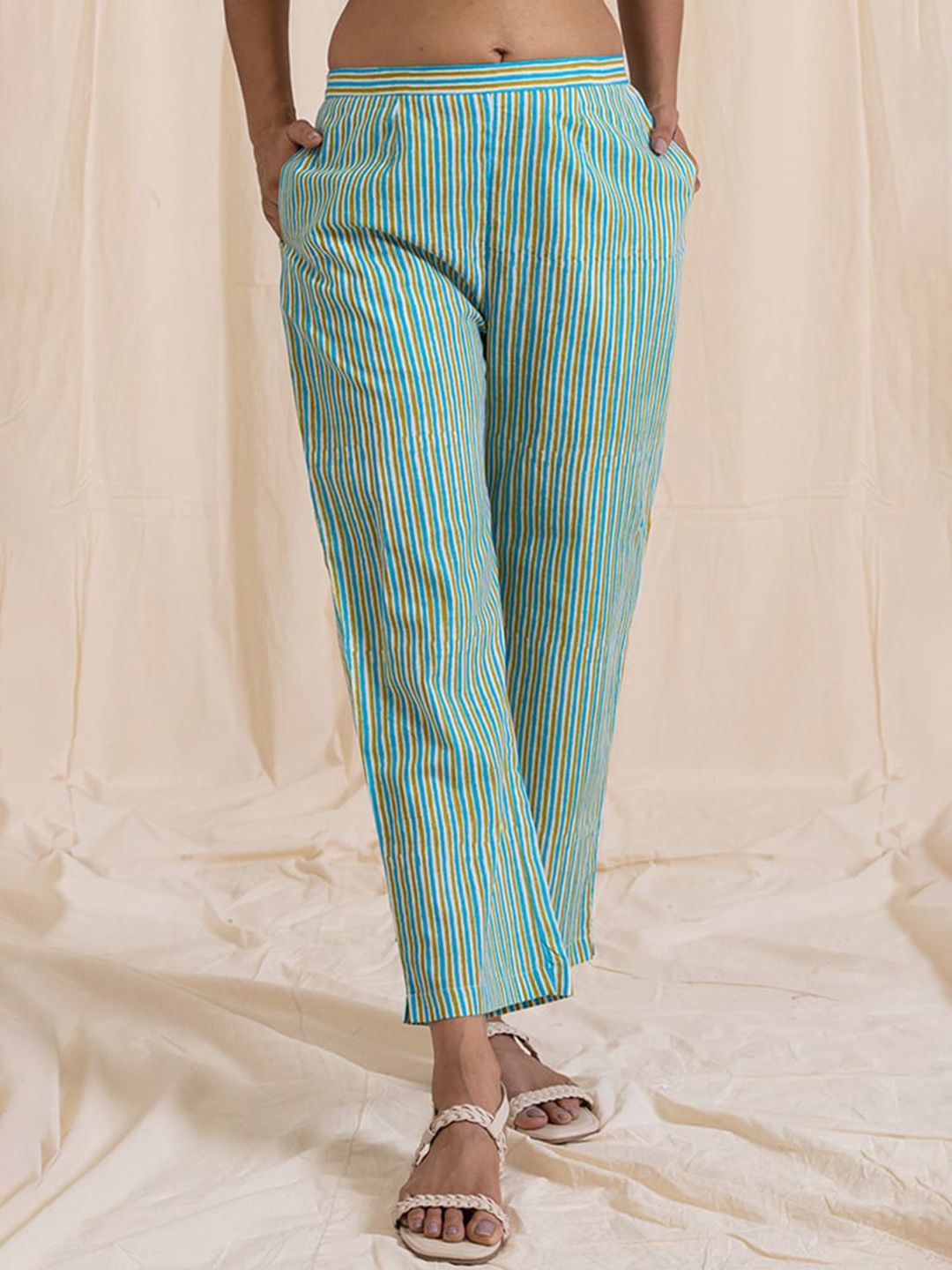 AKISO Women Blue & Green Striped Palazzos Price in India