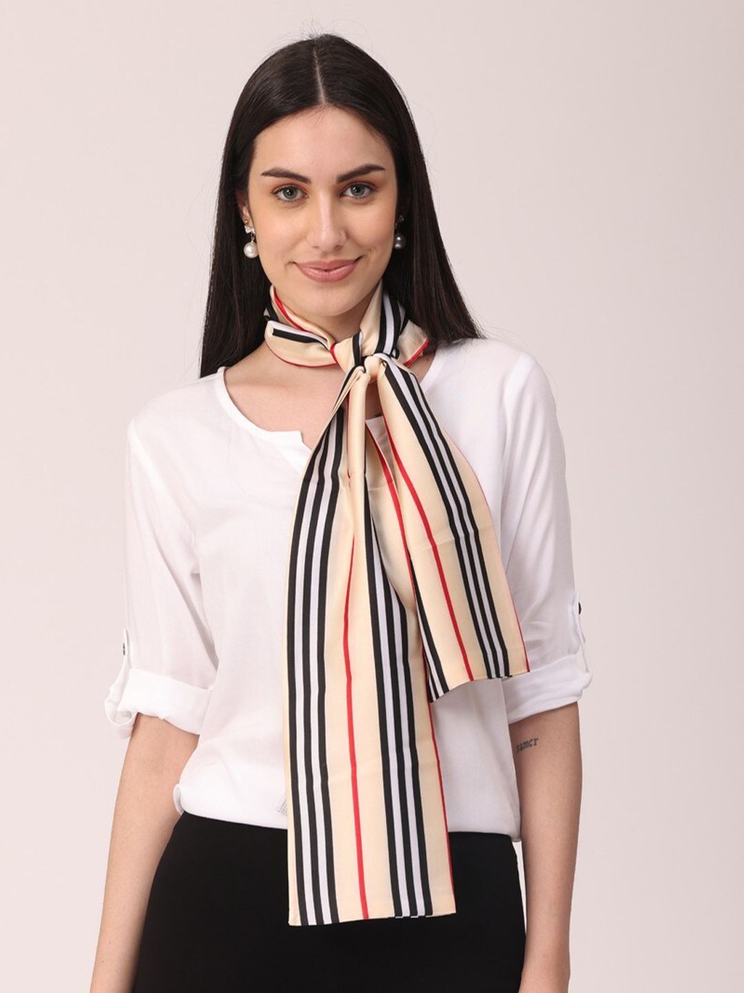 NOTEQUAL Women Beige & Black Striped Scarf Price in India