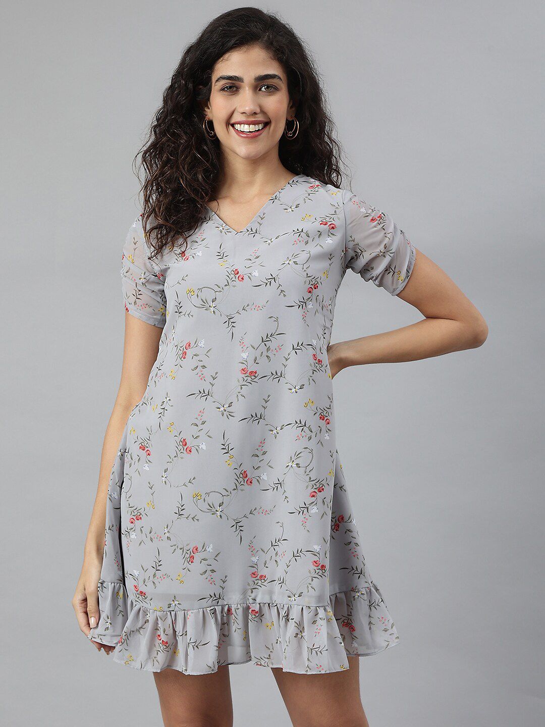 KALINI Grey Floral Georgette A-Line Dress Price in India
