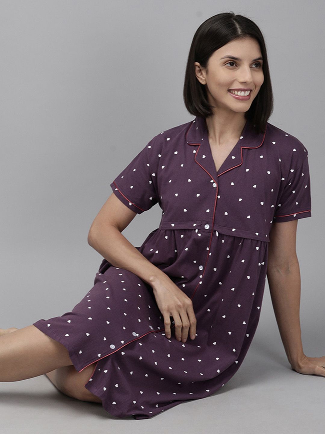 Zeyo Purple & White Printed Cotton Maternity & Feeding Nightdress
