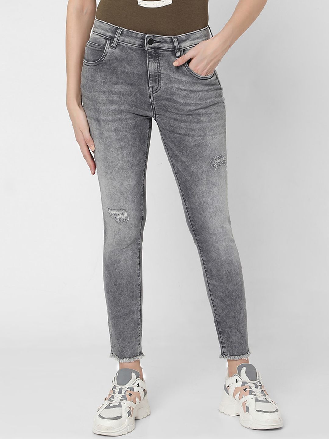 Vero Moda Women Grey Skinny Fit High-Rise Mildly Distressed Heavy Fade Jeans Price in India