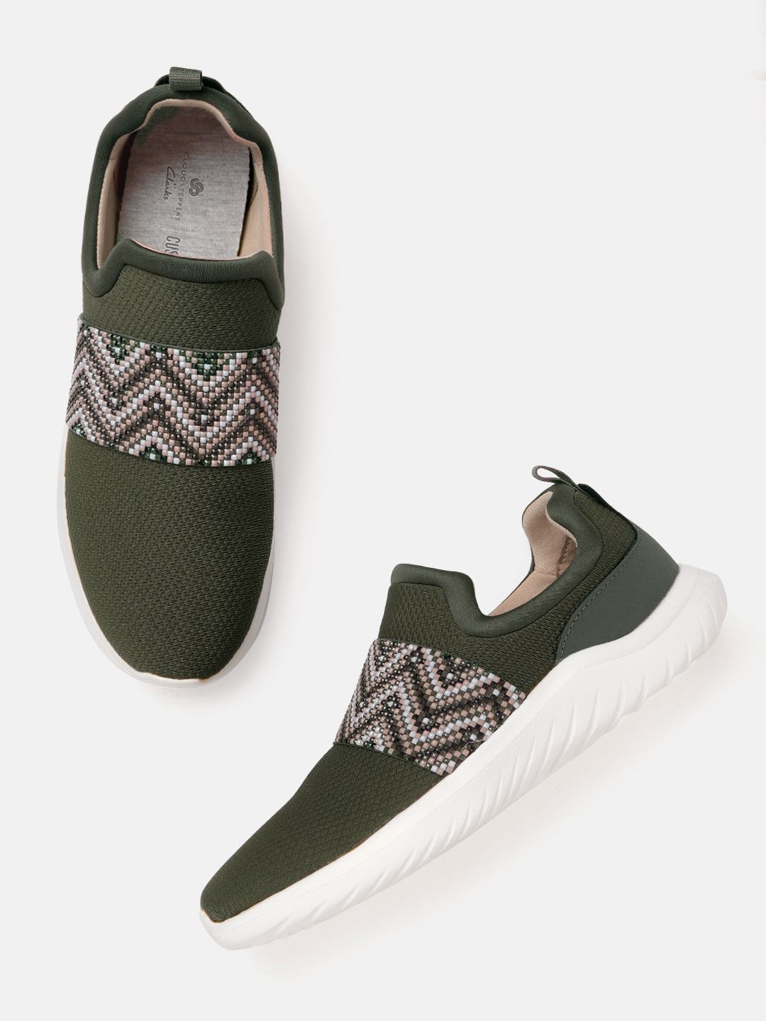 Clarks Women Olive Green & White Woven Design Slip-On Sneakers Price in India