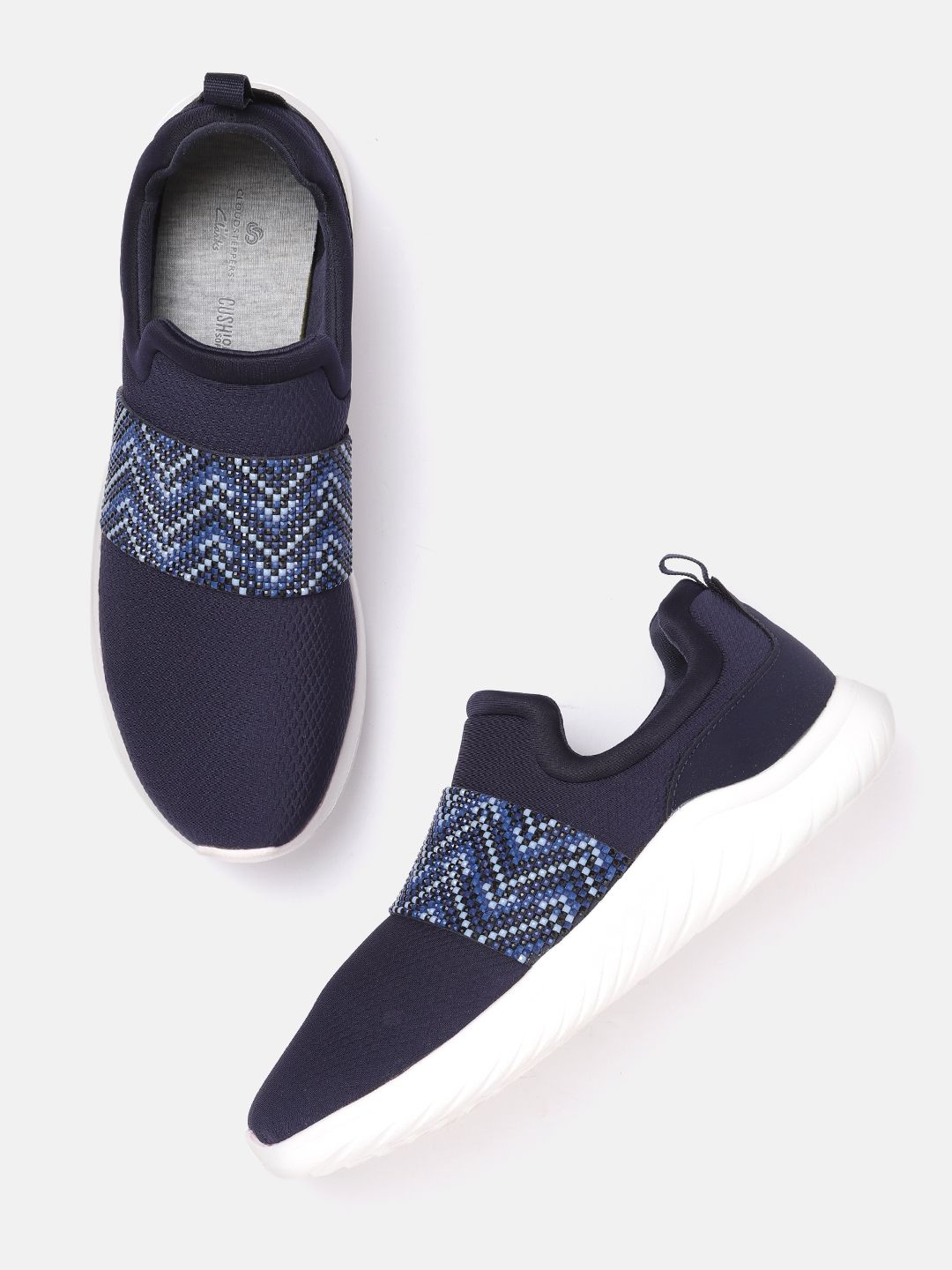 Clarks Women Navy Blue & White Striped Beads Studded Slip-On Sneakers Price in India