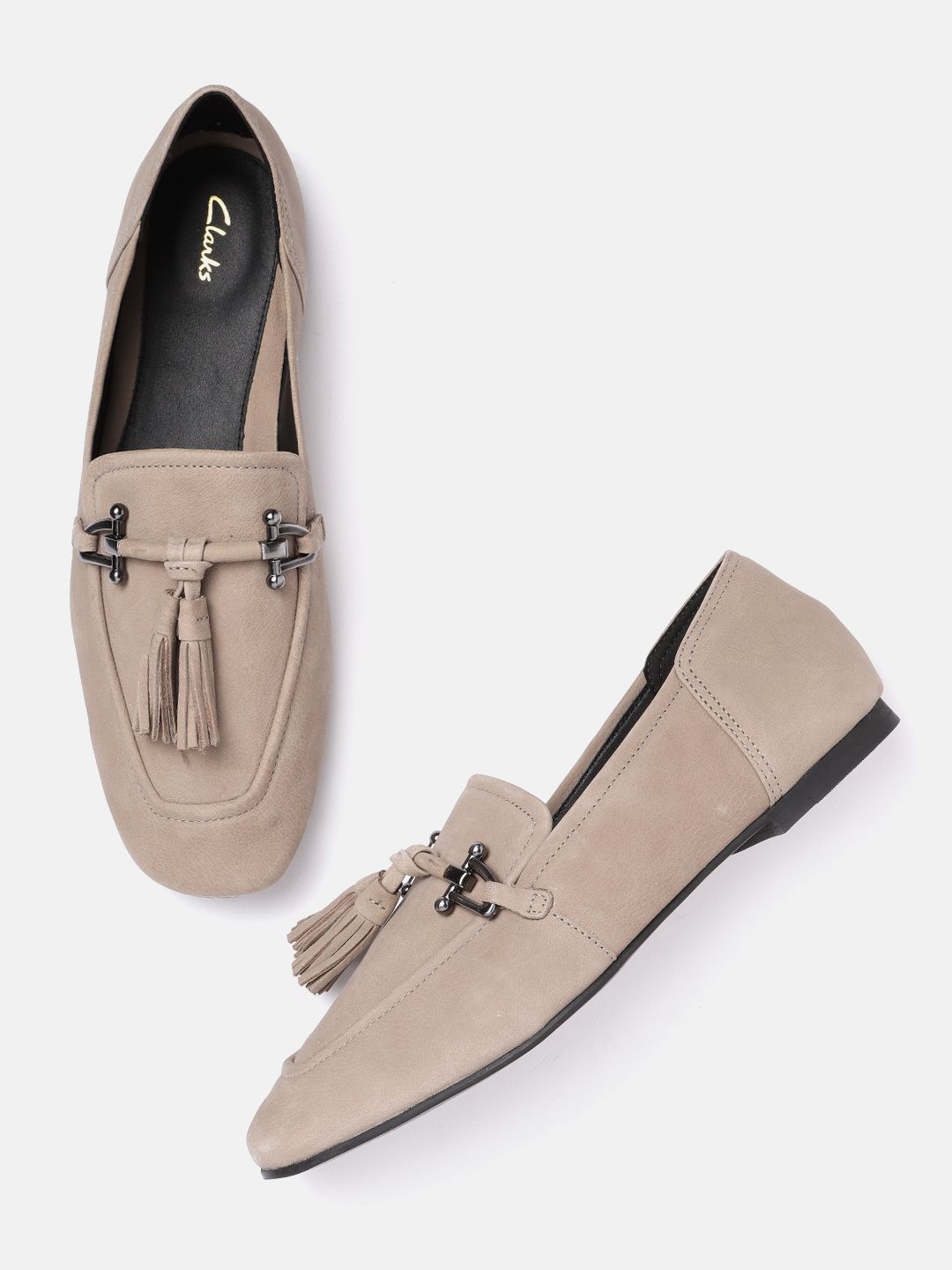 Clarks Women Beige Solid Leather Horsebit Loafers Price in India
