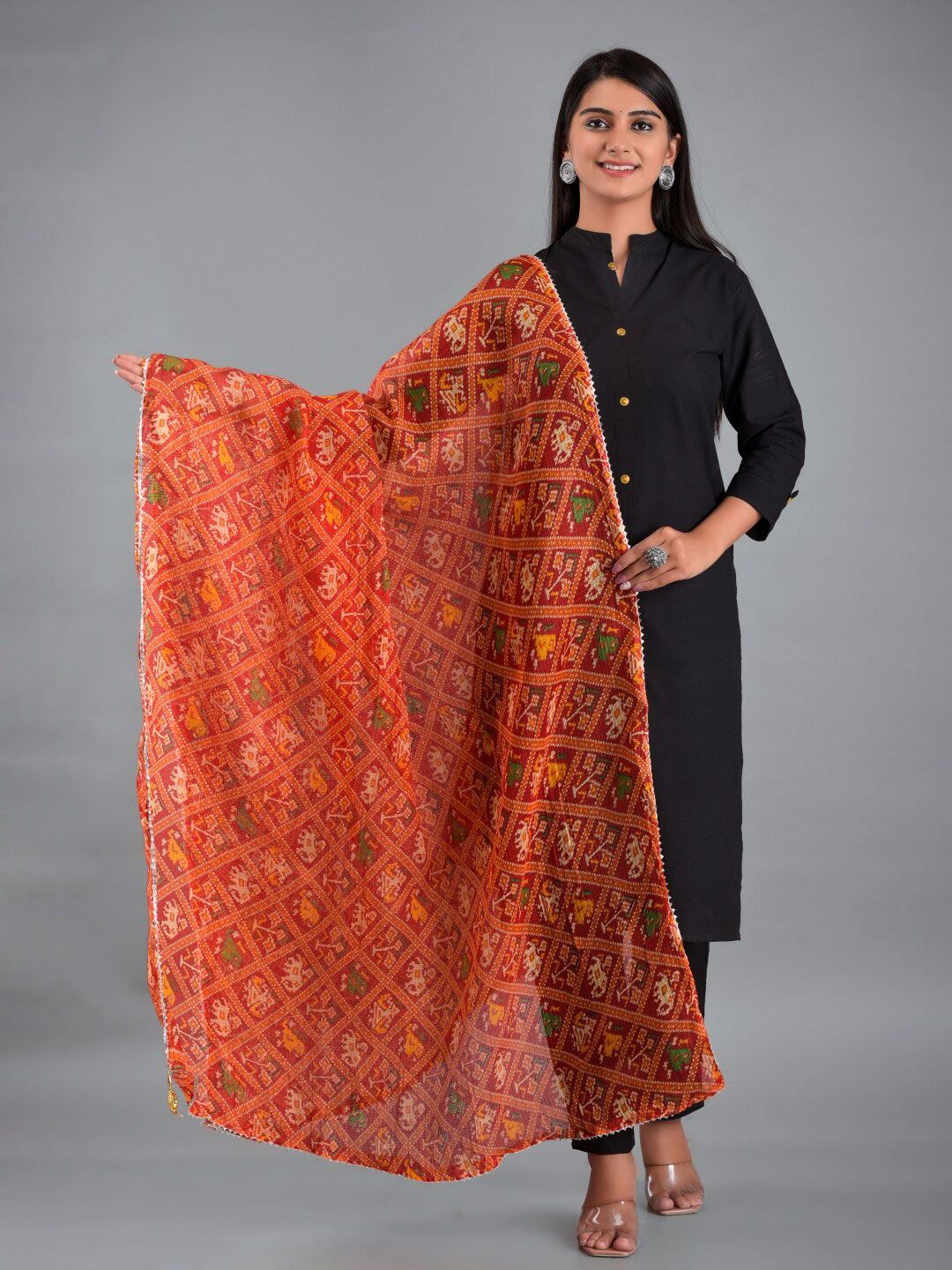 Apratim Multicoloured & Orange Printed Leheriya Dupatta Price in India