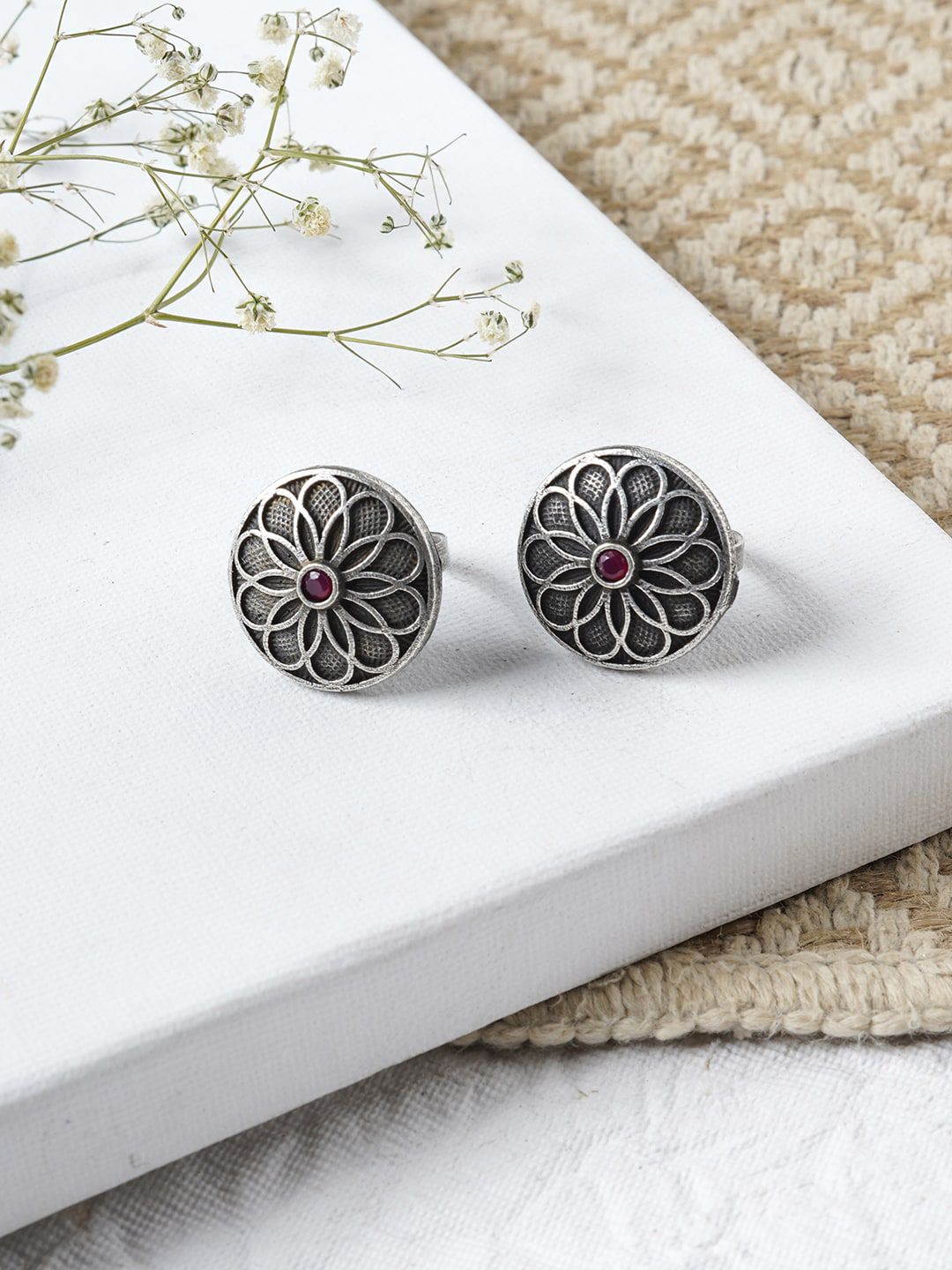 TEEJH Set Of 2 Oxidised Silver-Plated Pink Stone-Studded Adjustable Toe Rings Price in India