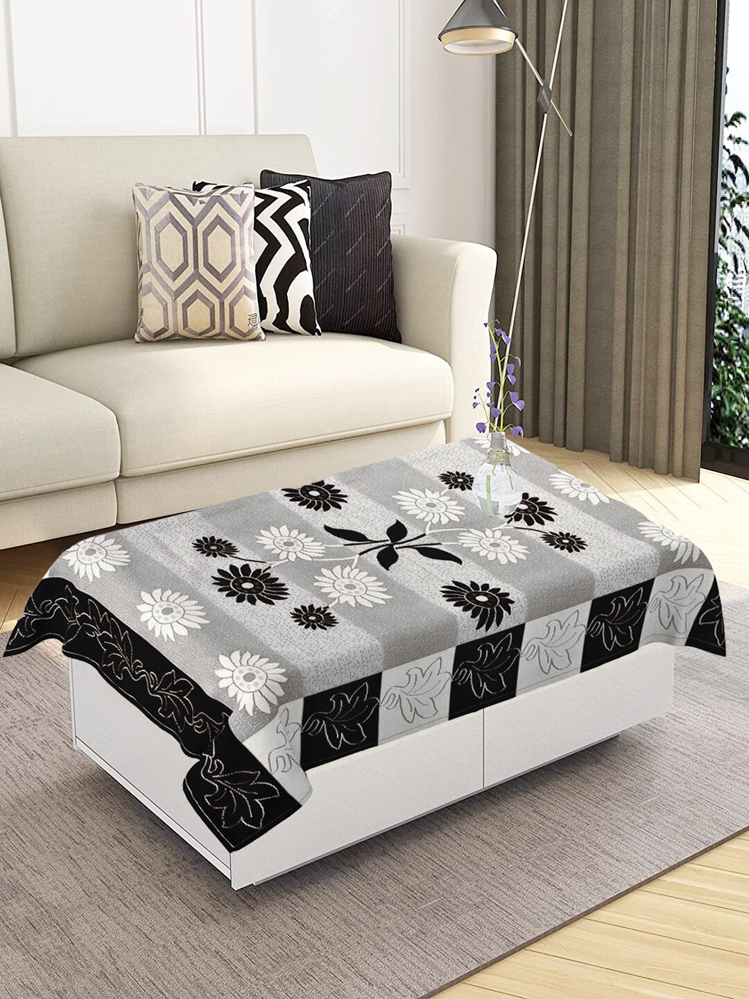 WEAVERS VILLA Grey & Black Textured Square Table Cover Price in India
