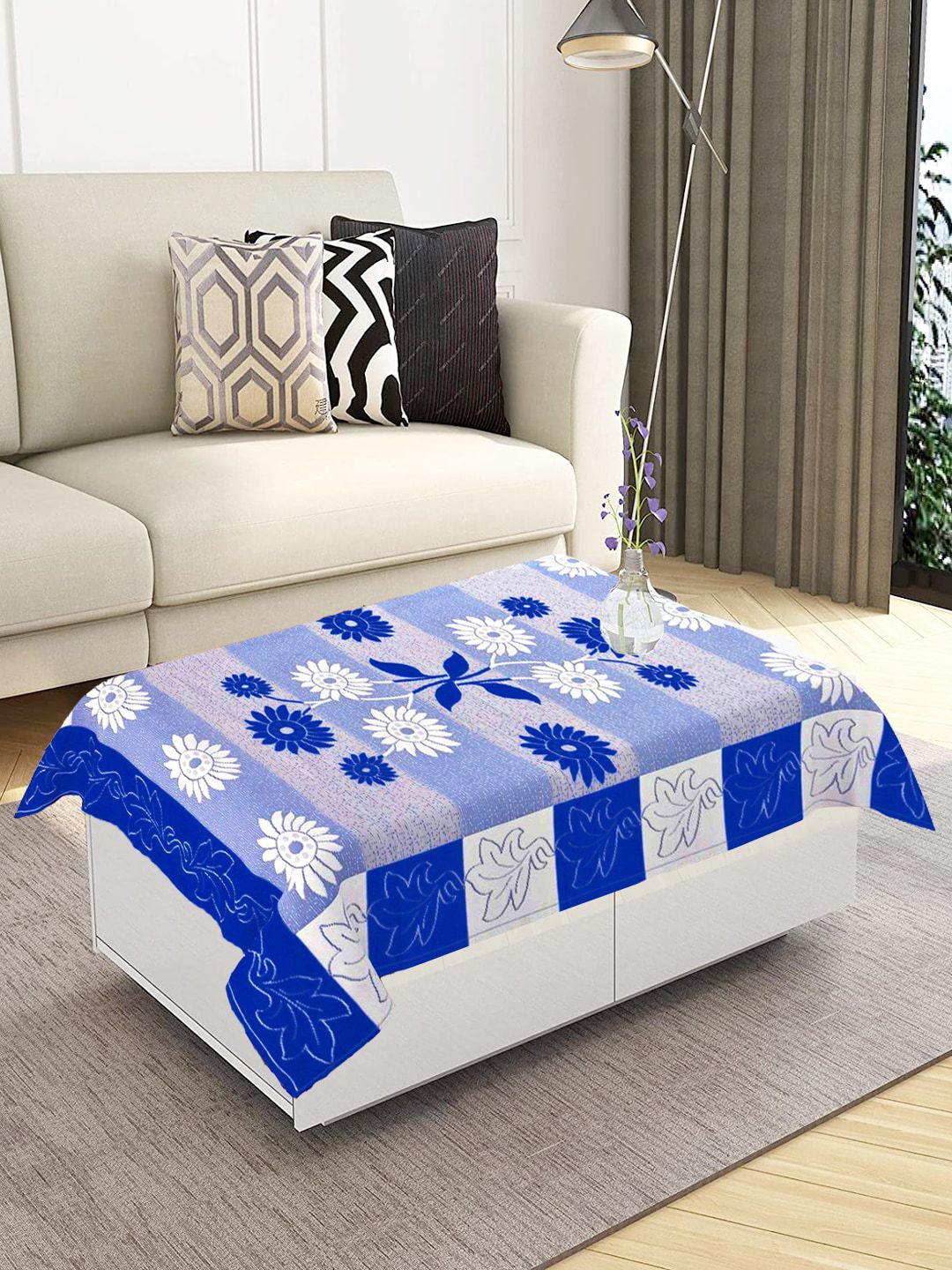 WEAVERS VILLA Blue & White Textured Rectangular Table Cover Price in India