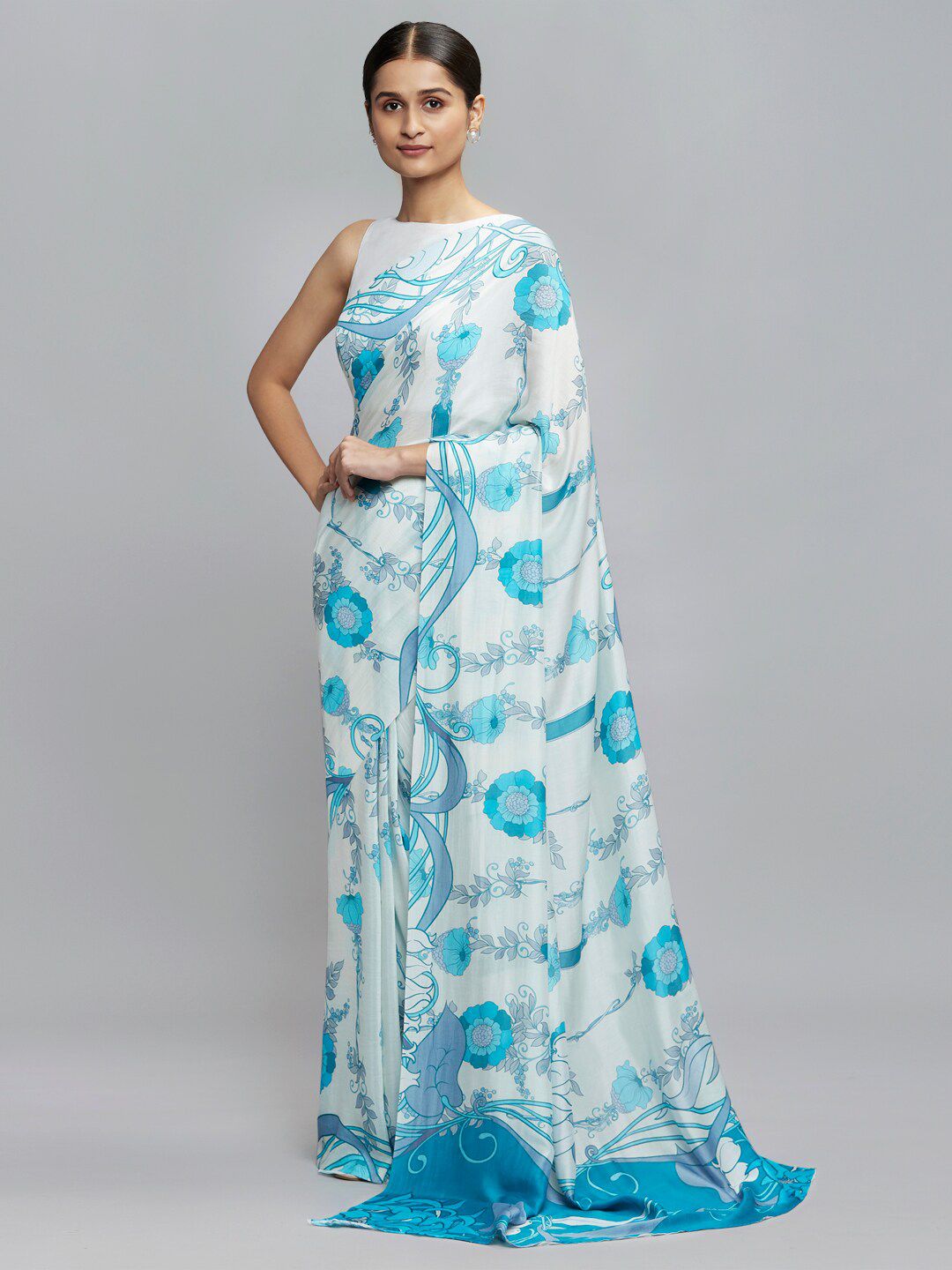 navyasa Blue & White Floral Saree Price in India