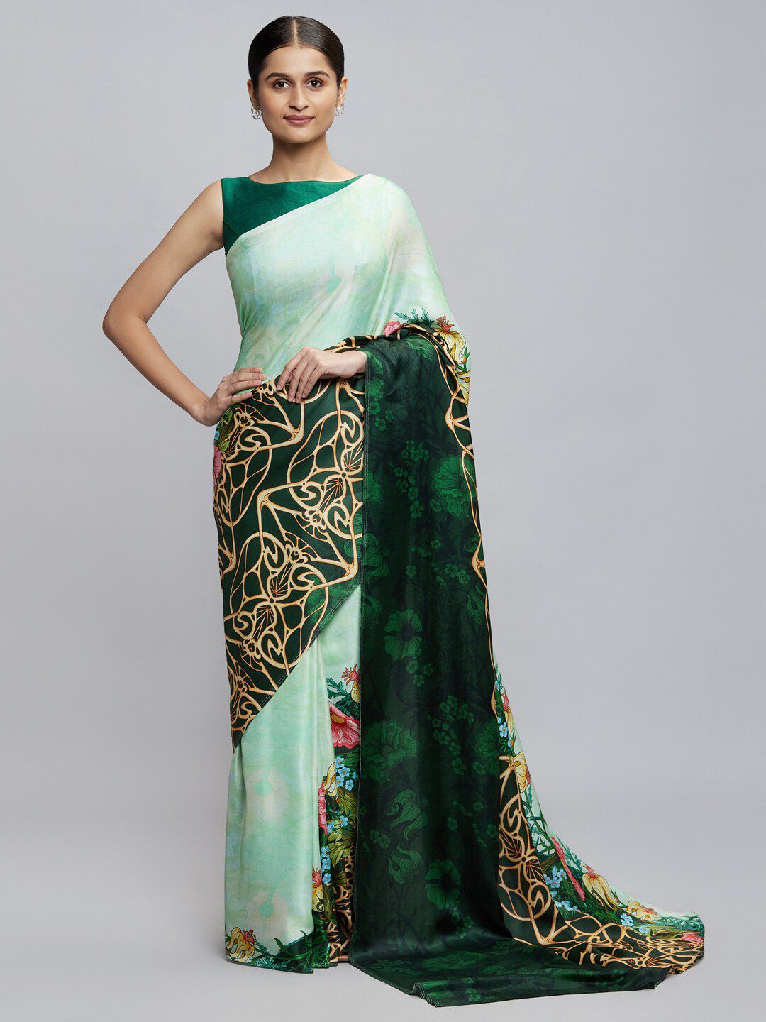 navyasa Yellow & Green Floral Saree Price in India