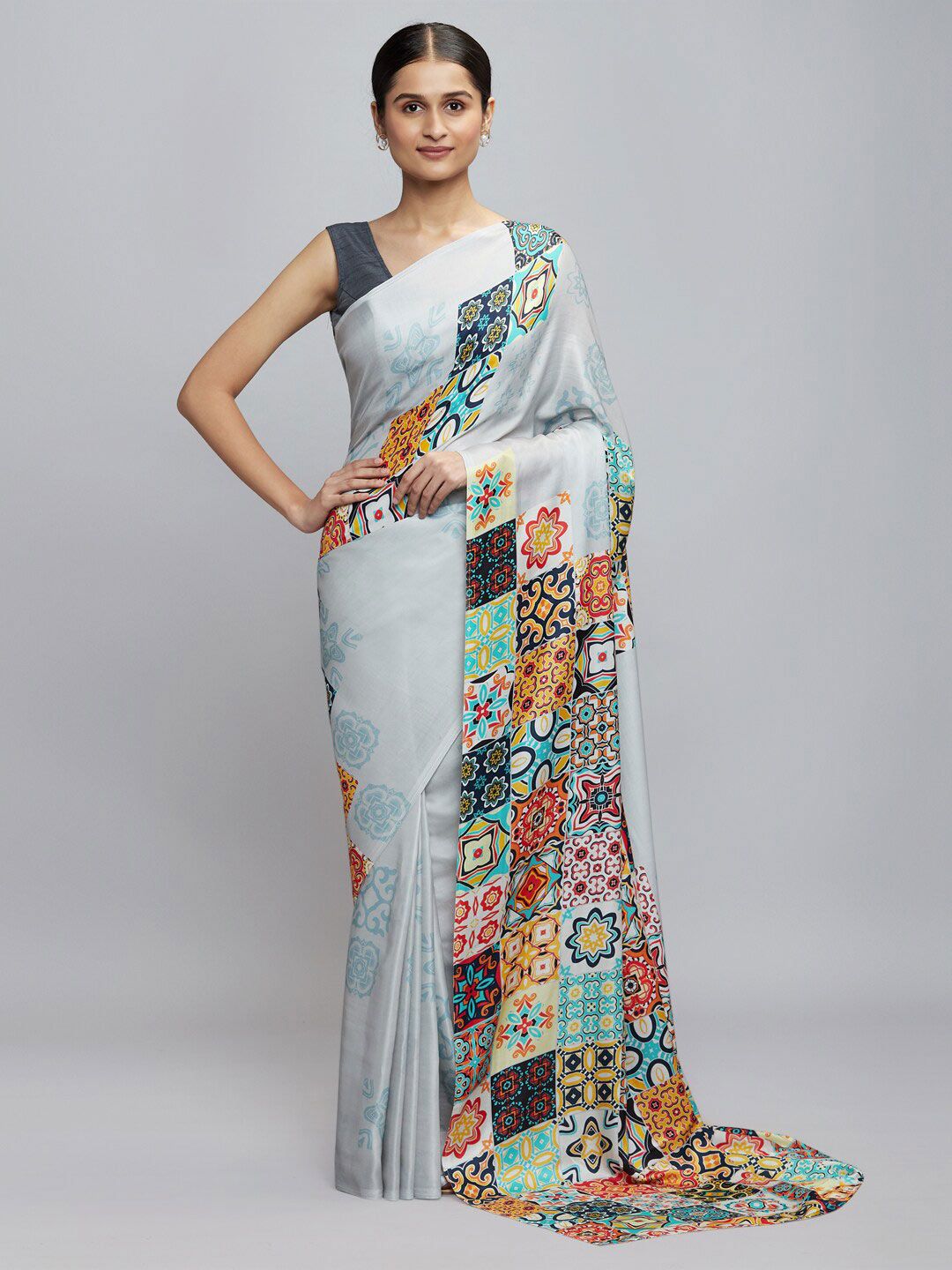 navyasa Grey & Blue Saree Price in India