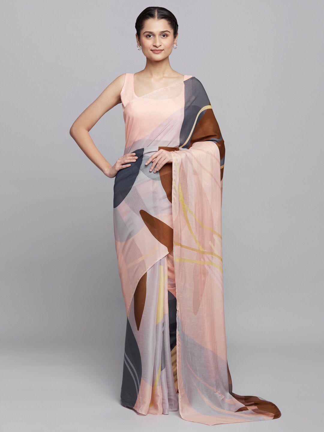 navyasa Peach-Coloured & Brown Saree Price in India