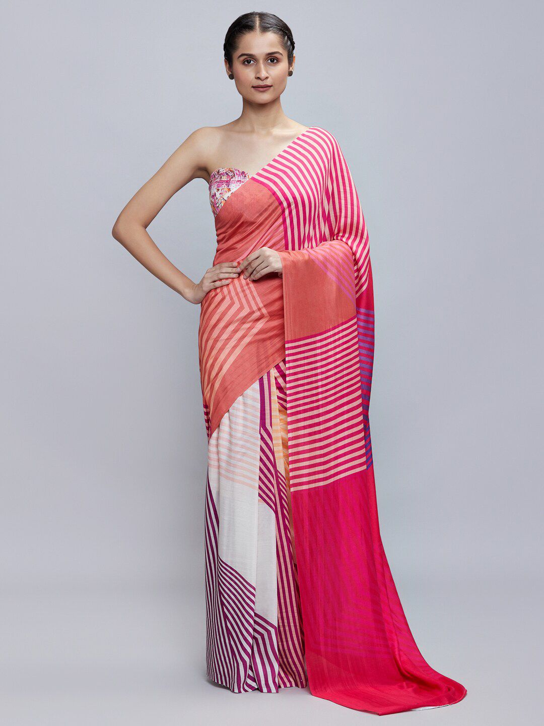 navyasa Pink & White Colourblocked Saree Price in India
