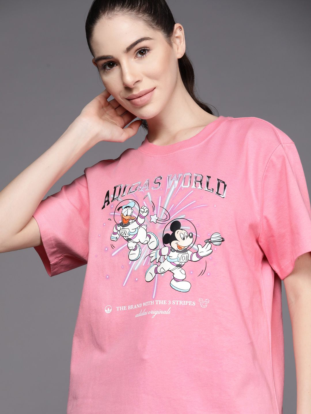 ADIDAS Originals Women Pink & White Pure Cotton Disney Graphic Printed T-shirt Price in India
